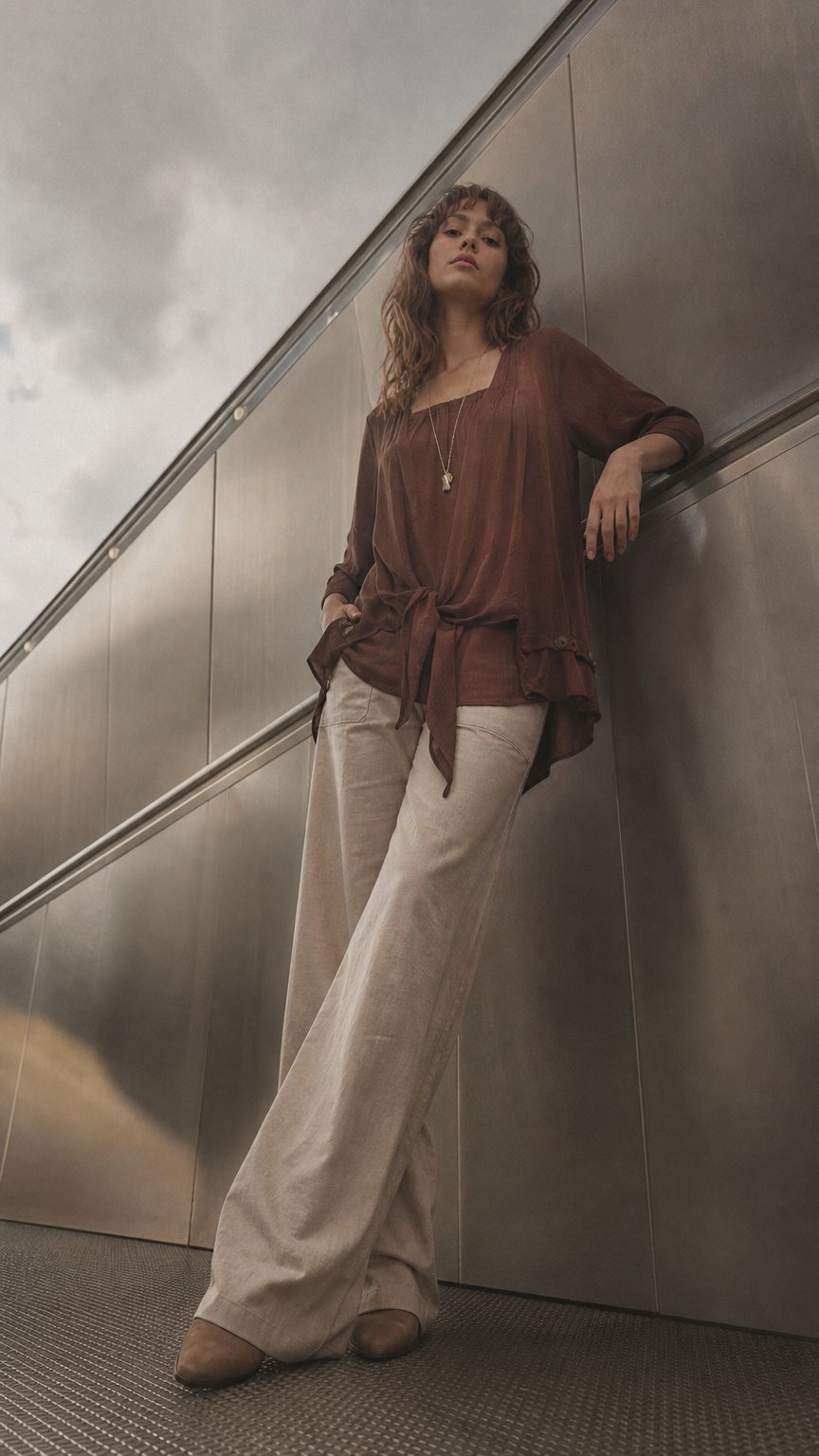 AI product shot of NEW COLOUR 3/4 Sleeve Swing Top in Chocolate