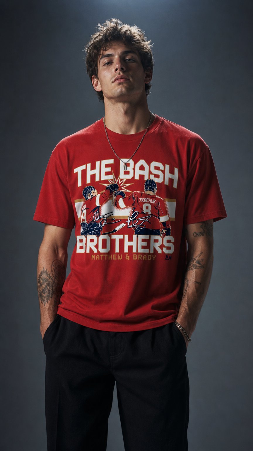 AI product shot of Bash Brothers Men's T-Shirt (Matthew & Brady Tkachuk) - Red