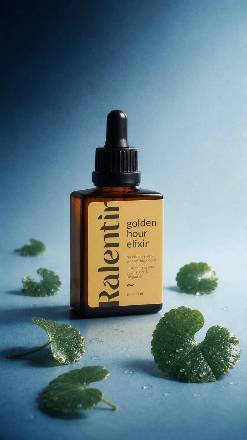 AI product shot of Golden hour elixir skin oil (sea buckthorn & lavender)