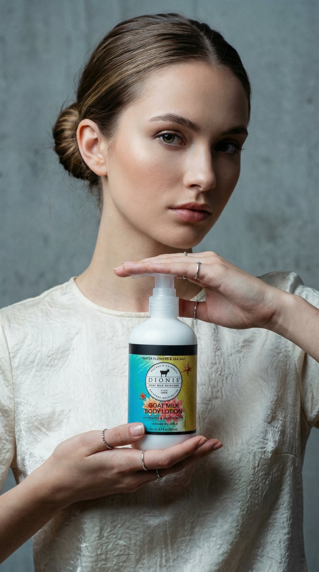 AI product shot of Water Flowers & Sea Salt Goat Milk Body Lotion