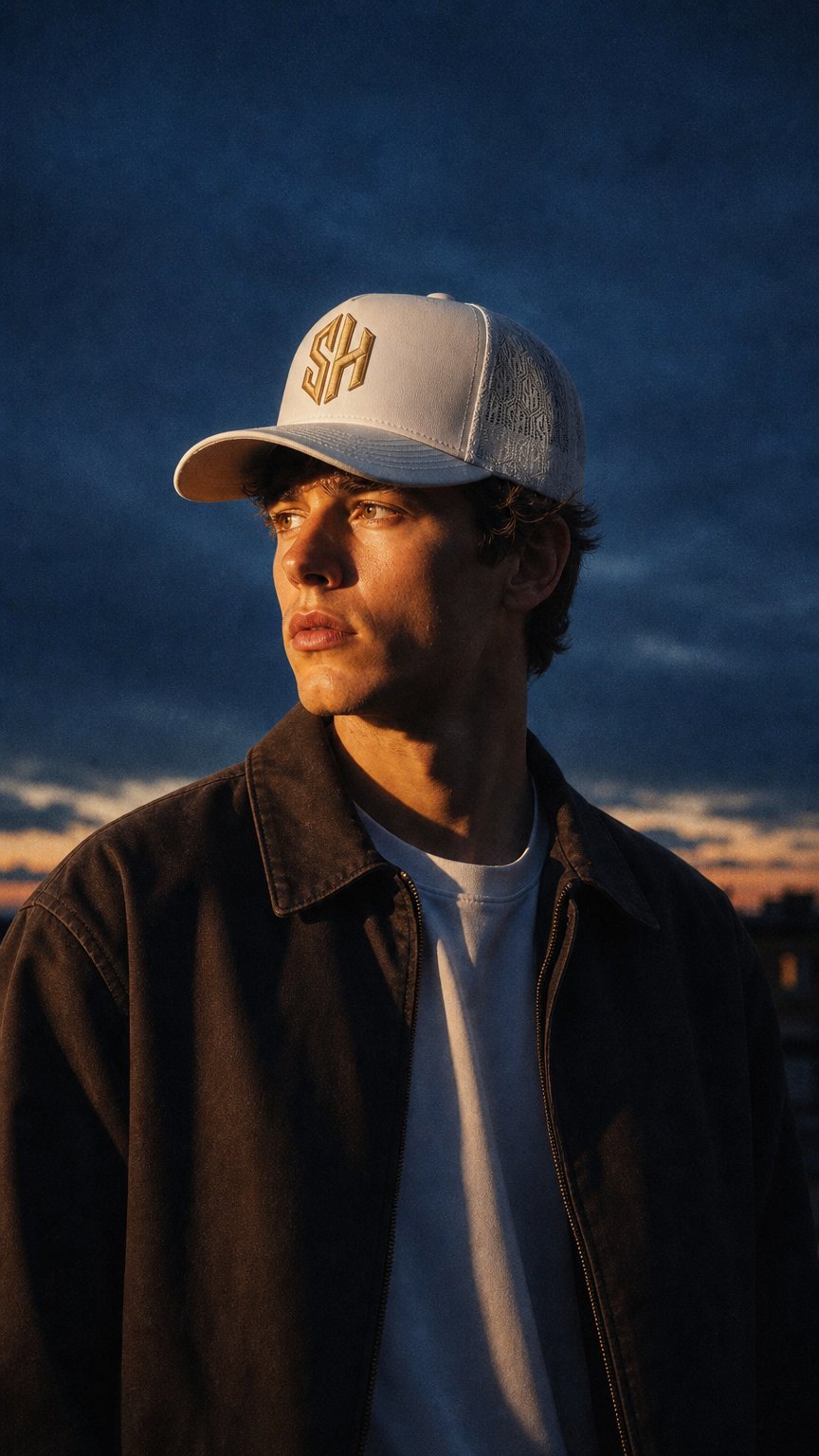 AI product shot of SH Trucker Cap — White & Gold