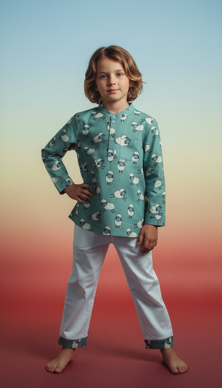 AI product shot of Counting Sheeps Mul Kurta Pyjama Set Girls /Boys