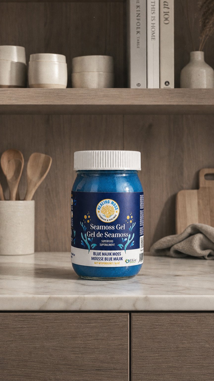 AI product shot of Blue Spirulina Sea Moss Gel - Infused with Pure Blue Spirulina (E3Live Blue Majik®)