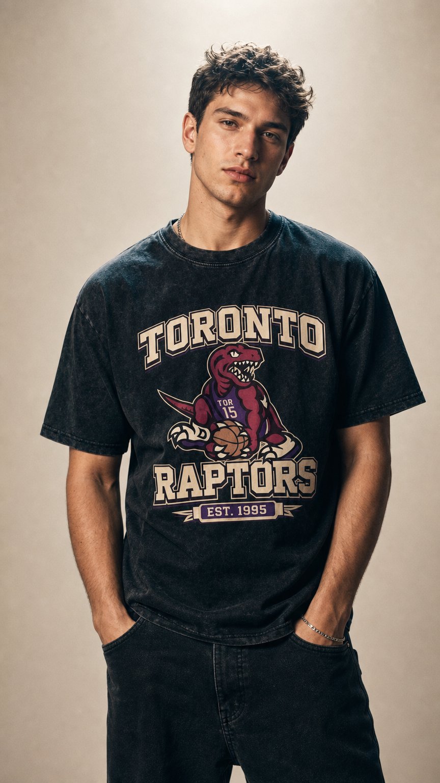 AI product shot of Toronto Raptors Vintage T-Shirt – Oversized Streetwear Shirt – 90s Basketball Graphic – Washed Raptors Tee