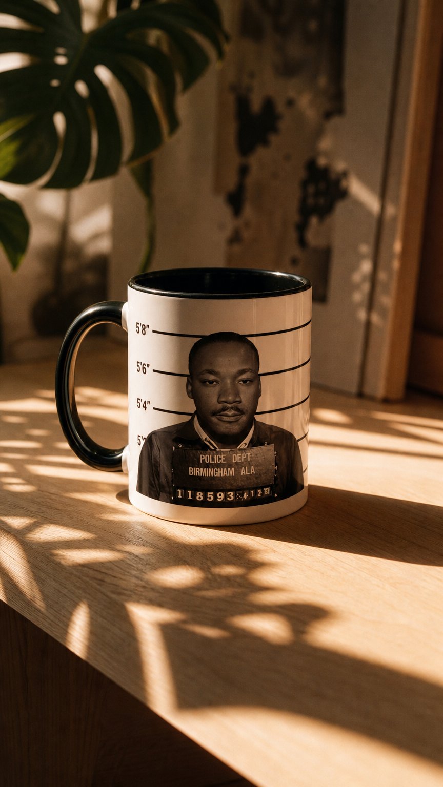 AI product shot of Martin Luther King Jr. Mugshot Mug
