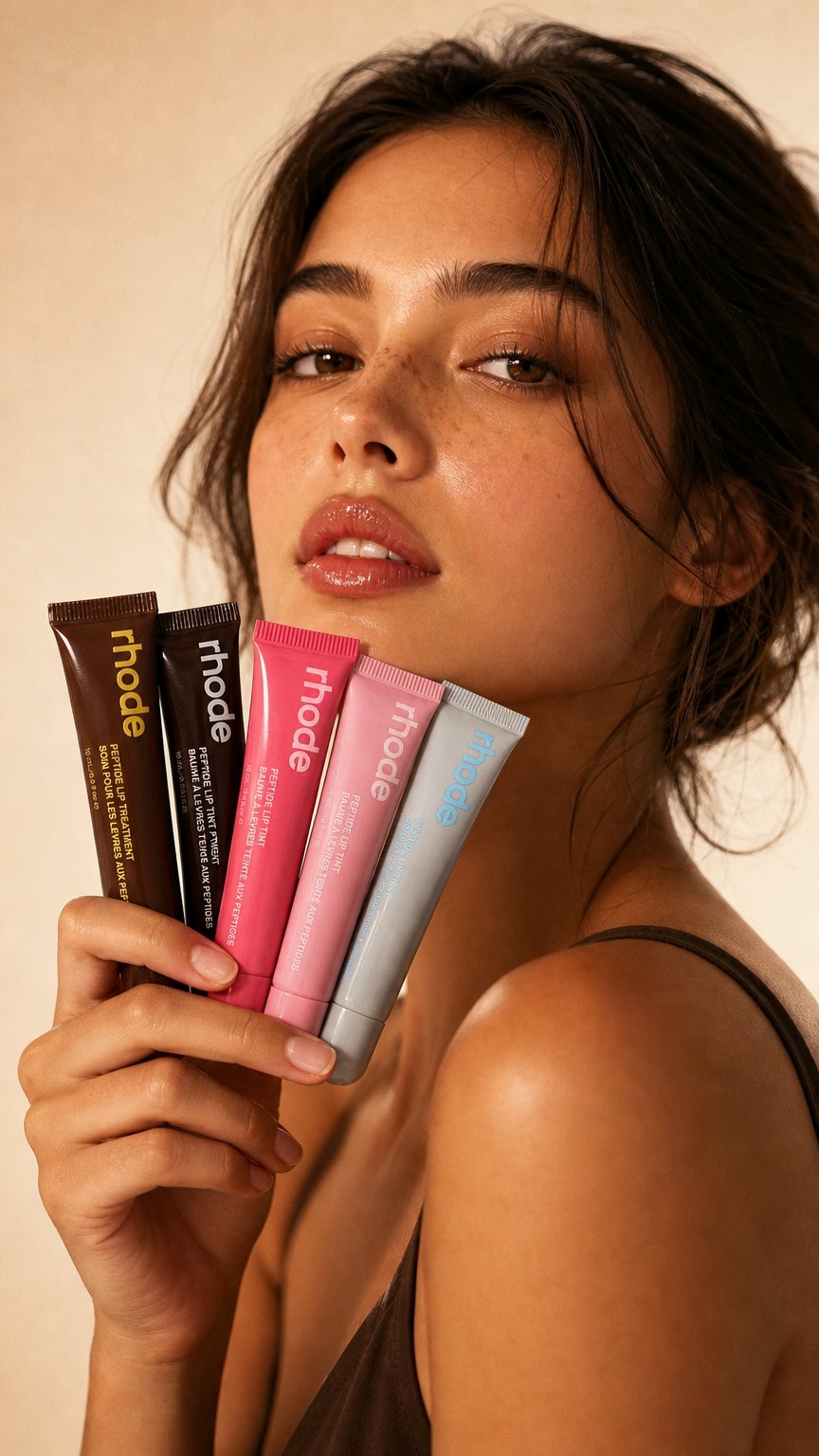 AI product shot of Rhodeskin Spring Lip Gloss Lip Balm Smoothing Lipstick Lines Lasting Nourishing Women Daily Care Makeup Moisturizer Blush Girl