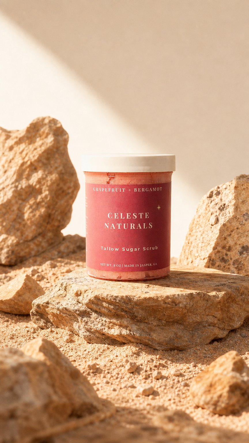AI product shot of Grapefruit + Bergamot Sugar Scrub