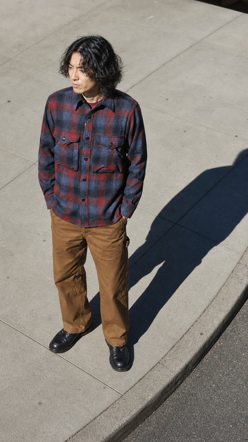 AI product shot of Freewheelers “HIGHBALLER” Ombre Check Wool Logger Shirt (Black X Grey X Red)