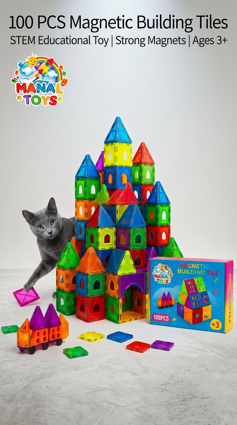 AI product shot of Magnetic Tiles 100 PCS Set for Kids | STEM Learning Building Blocks | Strong Magnets | Educational Toy Ages 3+ Boys & Girls | With Gift Bag