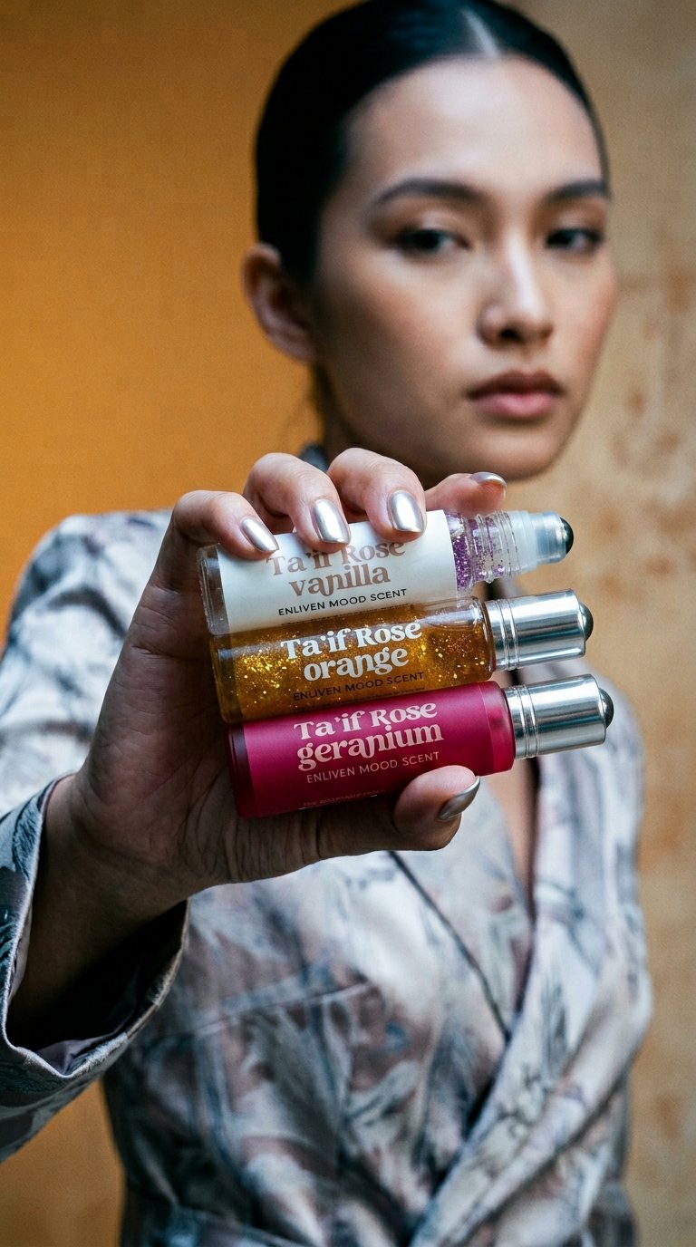 AI product shot of Enliven Taif Rose Series + Mini Room Spray
