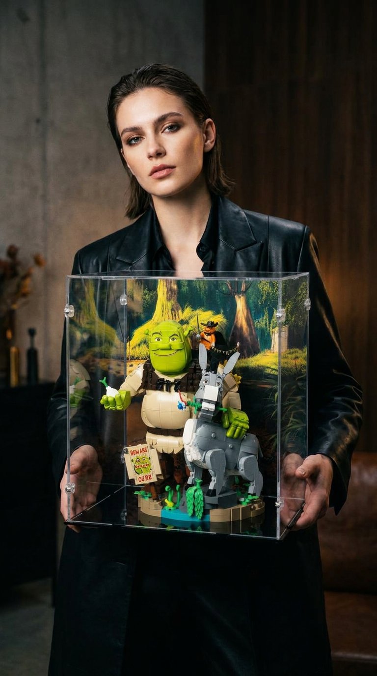 AI product shot of Shrek, Donkey & Puss in Boots Display Case for LEGO 72423