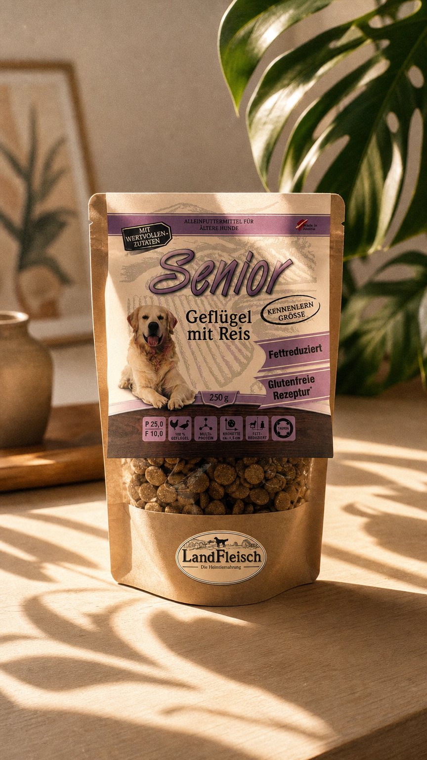 AI product shot of LandFleisch Dog Trocken Senior Geflügel mit Reis