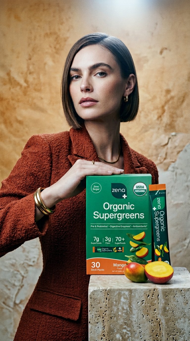 AI product shot of Zena Nutrition Organic Supergreens Powder - Mango