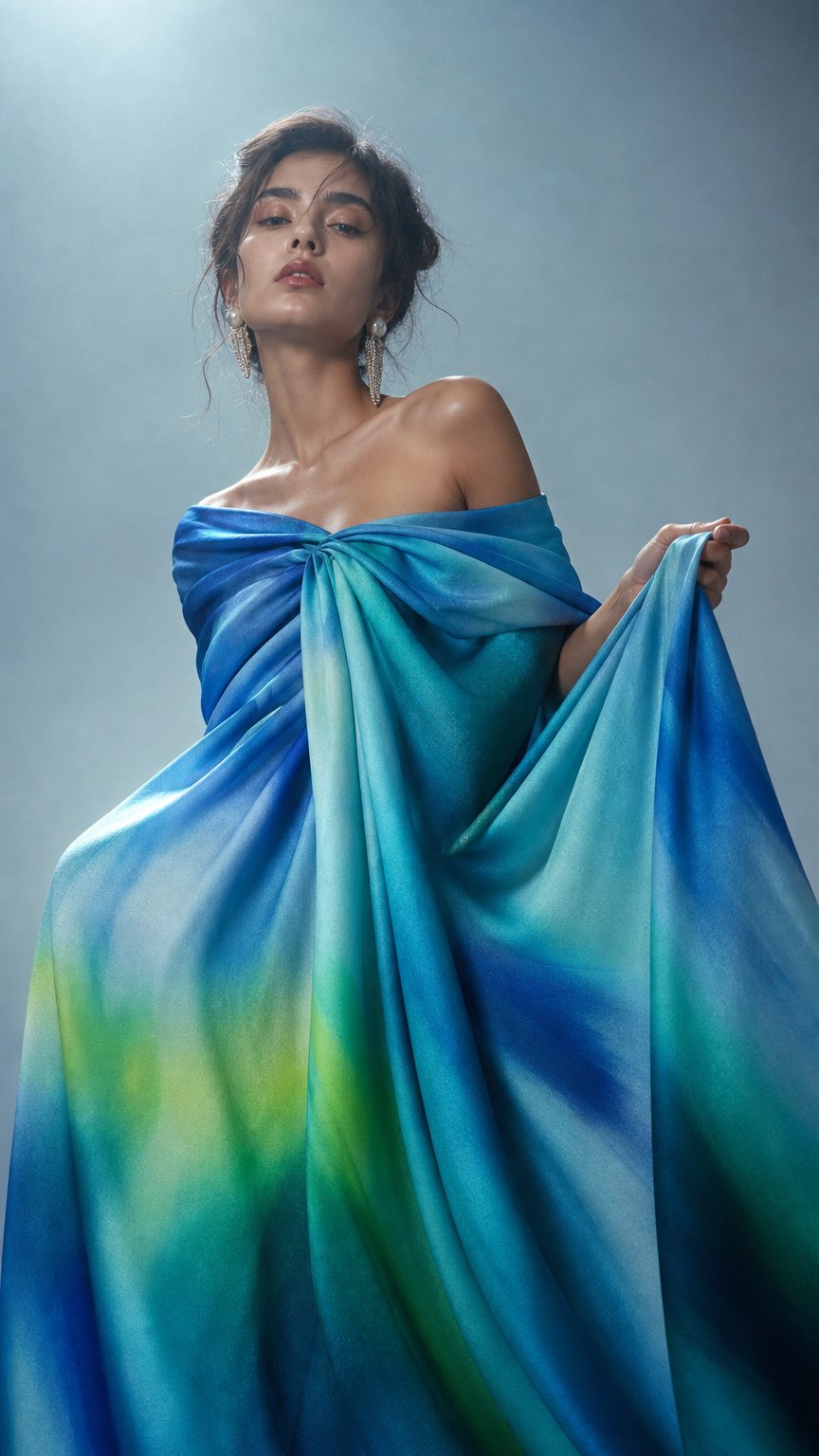 AI product shot of SS2026 zijden twill watery colors panel