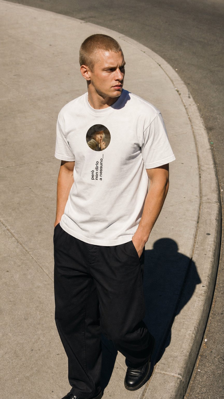 AI product shot of t-shirt però non dirlo a nessuno
