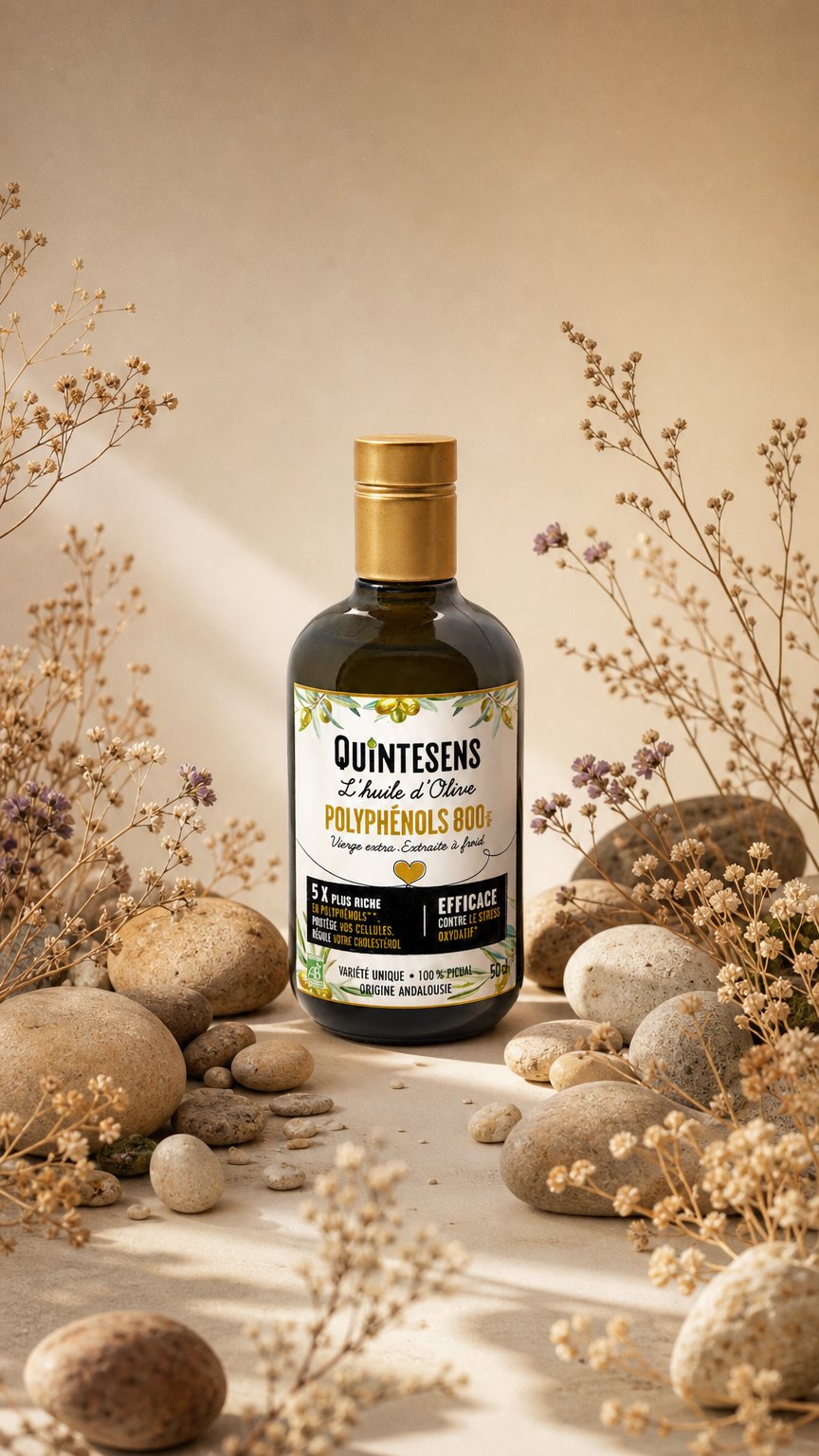AI product shot of L'huile d'olive polyphénols 800