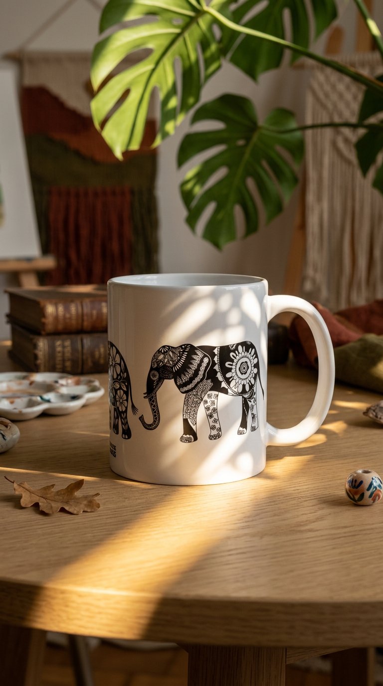 AI product shot of Mug of Prancing Elephants