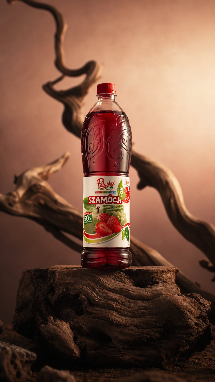 AI product shot of Pölöskei Szamóca ízű szörp