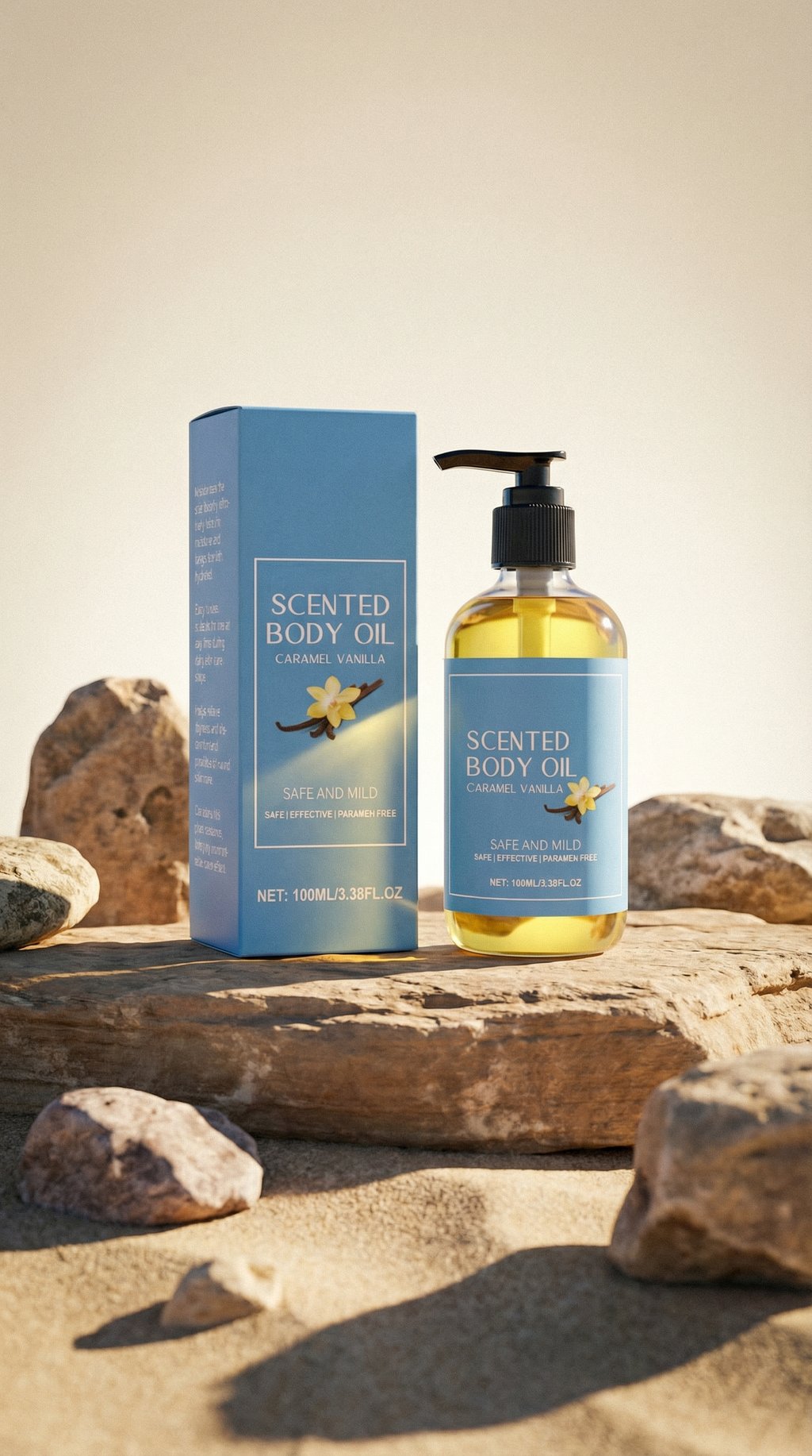 AI product shot of Stress Relief Caramel Vanilla Massage Oil