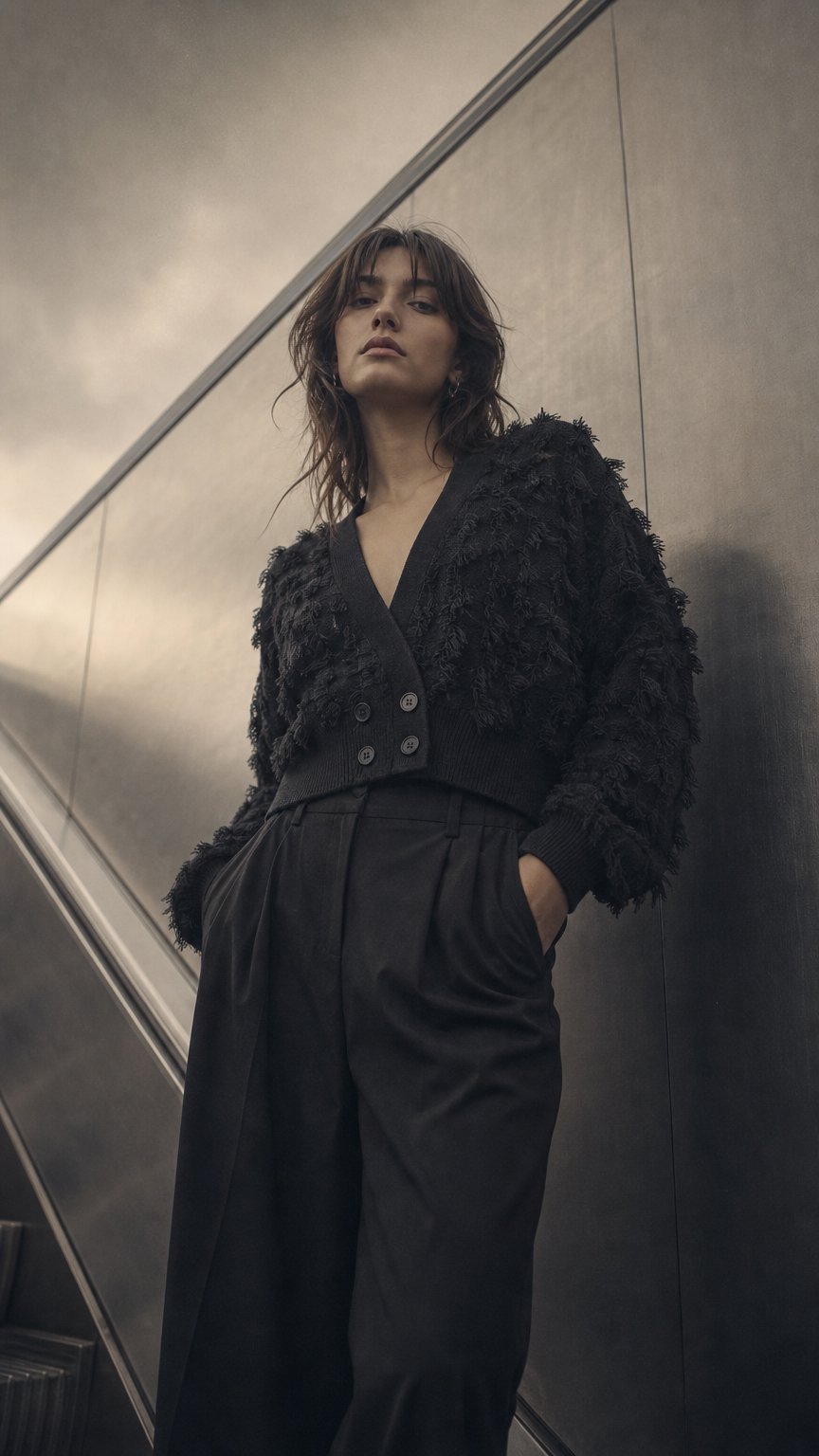AI product shot of Fringed Checkerboard Cardigan in Black