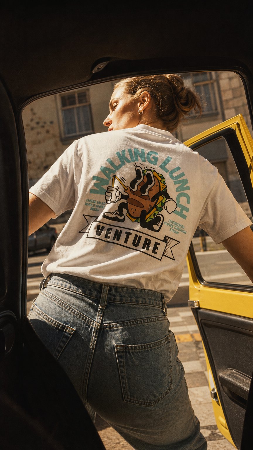 AI product shot of VENTURE T-SHIRT WALKING LUNCH