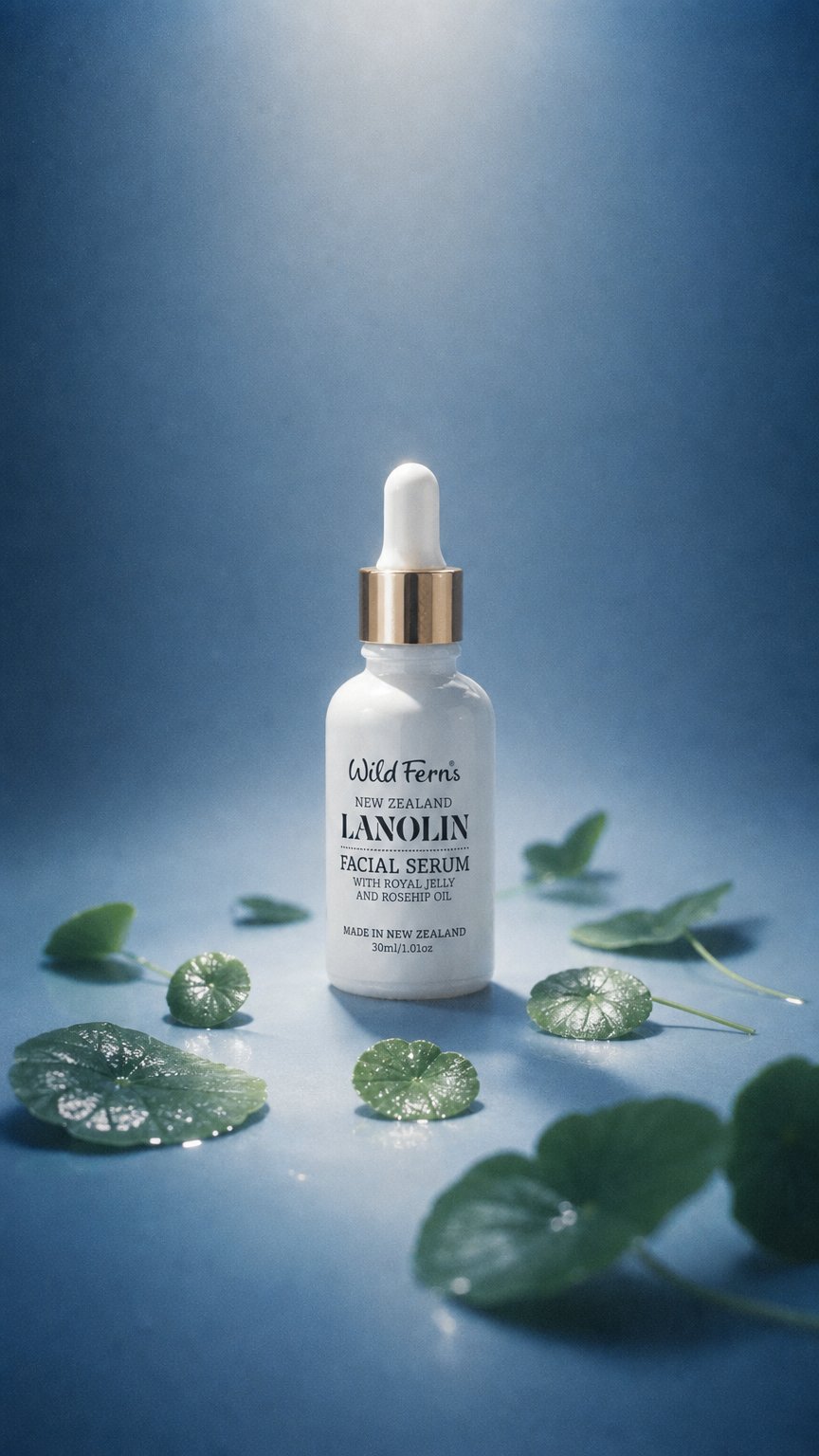 AI product shot of Lanolin Facial Serum with Royal Jelly and Rose Hip Oil, 30 ml