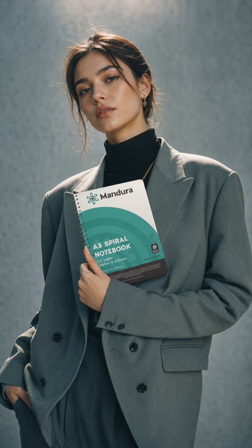 AI product shot of Mandura Spiral Notebook A5 120 Pages