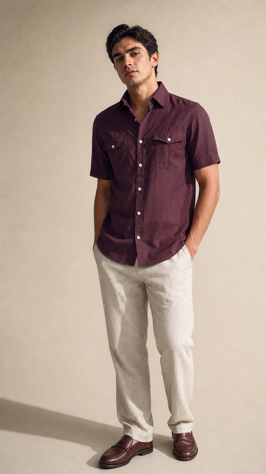 AI product shot of Maroon Double Pocket Short Sleeve Linen Shirt