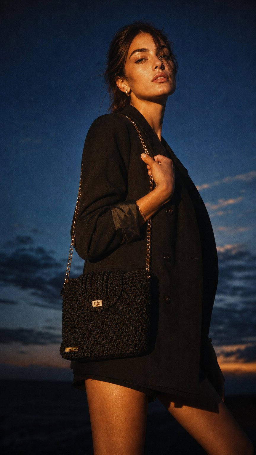 AI product shot of Olivia – Sac bandoulière crochet & cuir noir