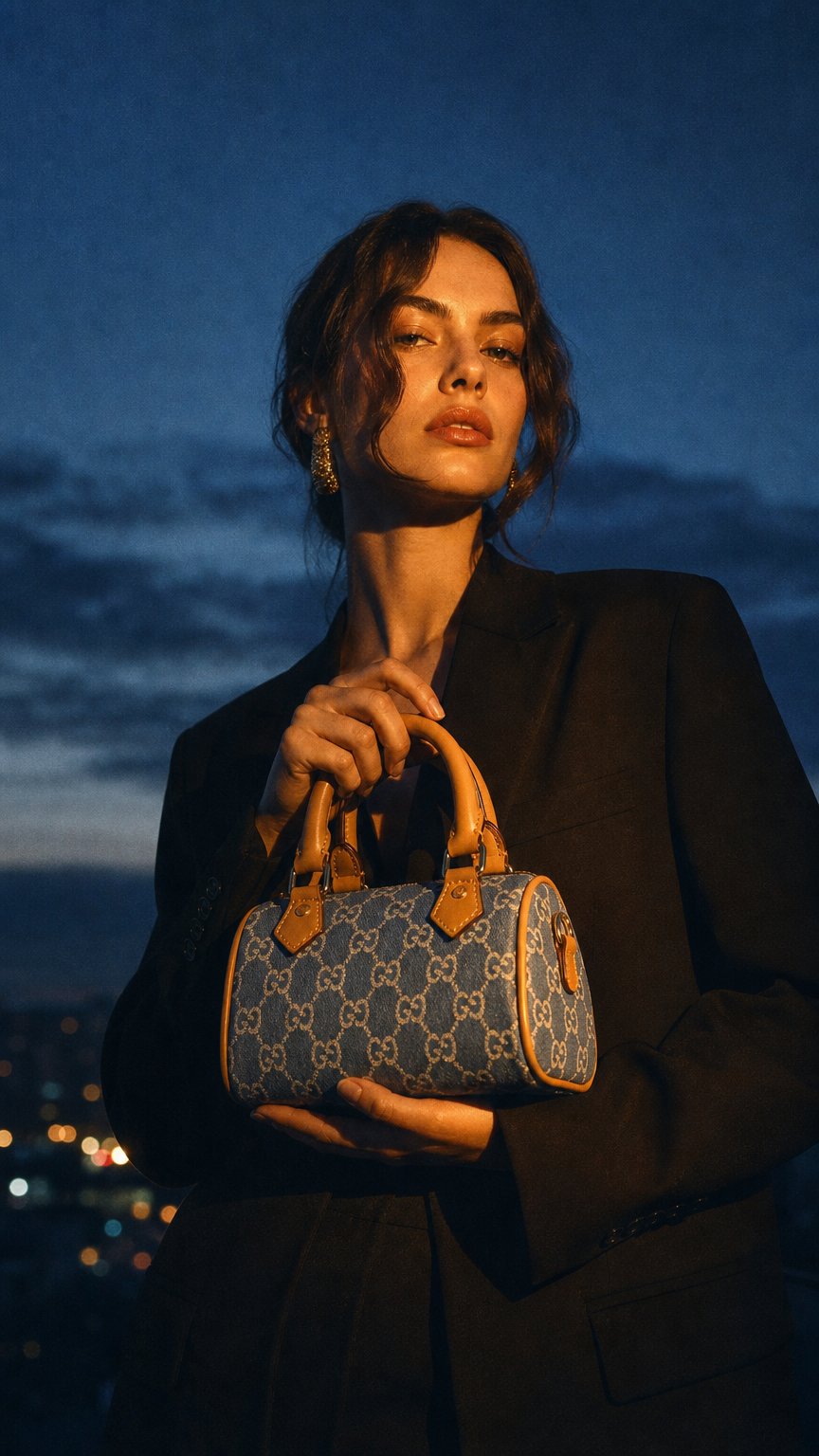 AI product shot of Gucci GG Denim Mini Boston Bag με Λουρί Χειρός & Χιαστί