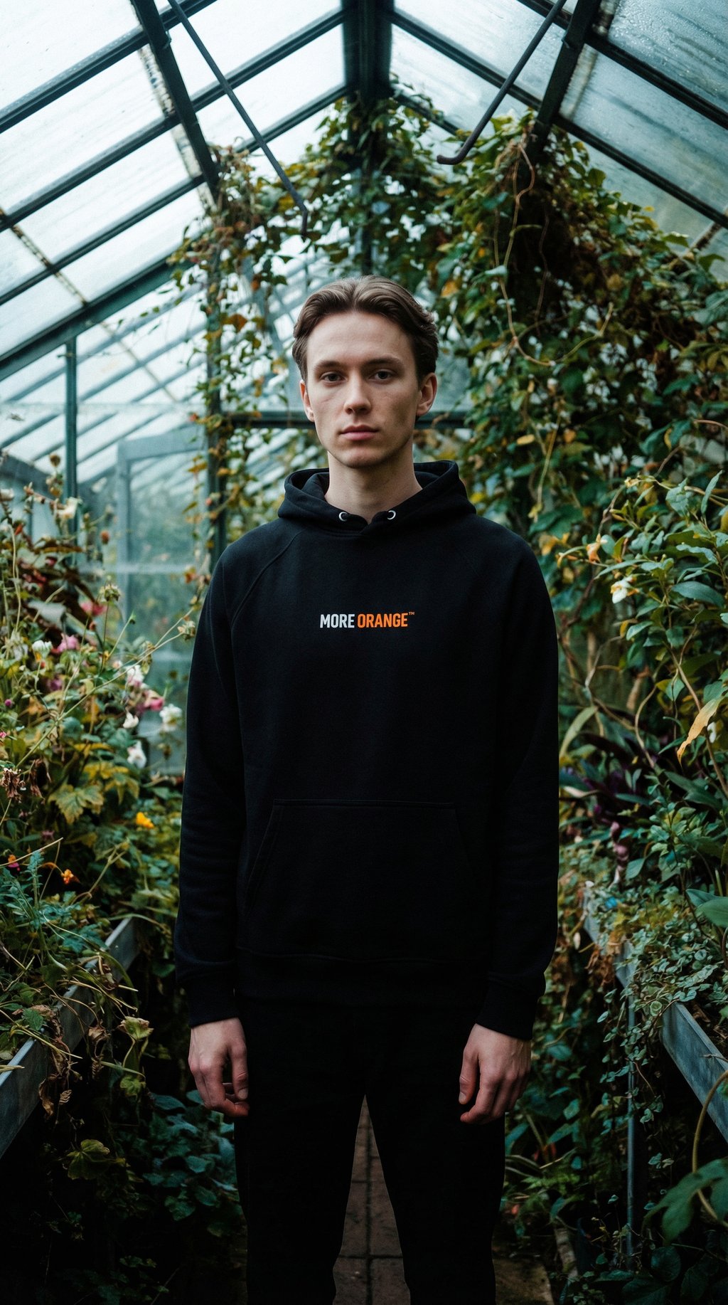 AI product shot of MORE ORANGE – Unisex Eco Raglan Hoodie