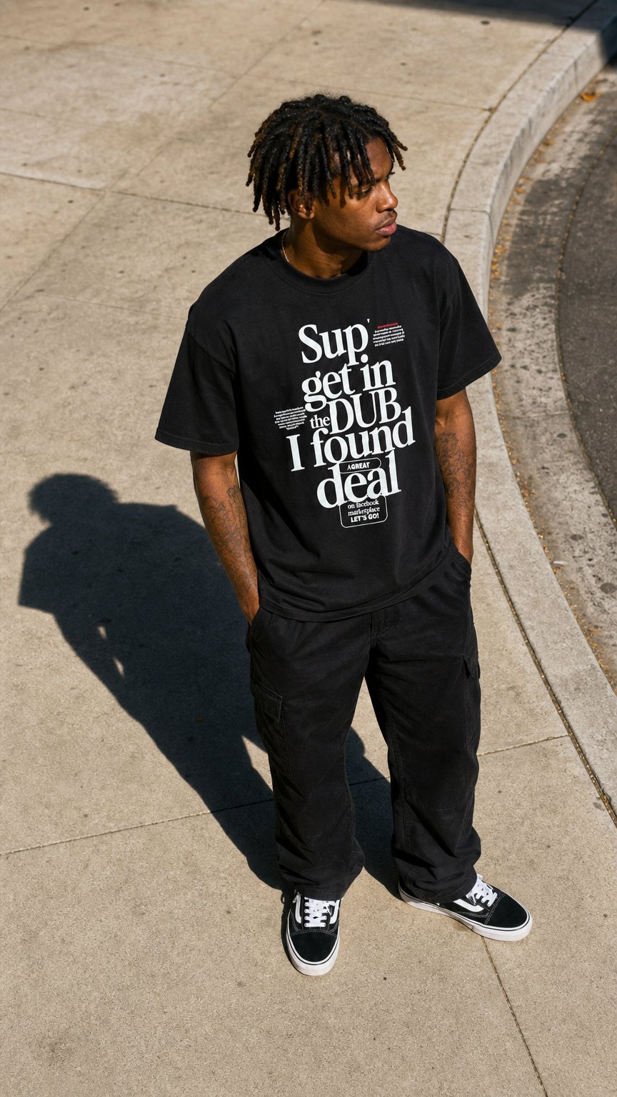 AI product shot of 'Sup. Get in the Dub T-Shirt (Black)