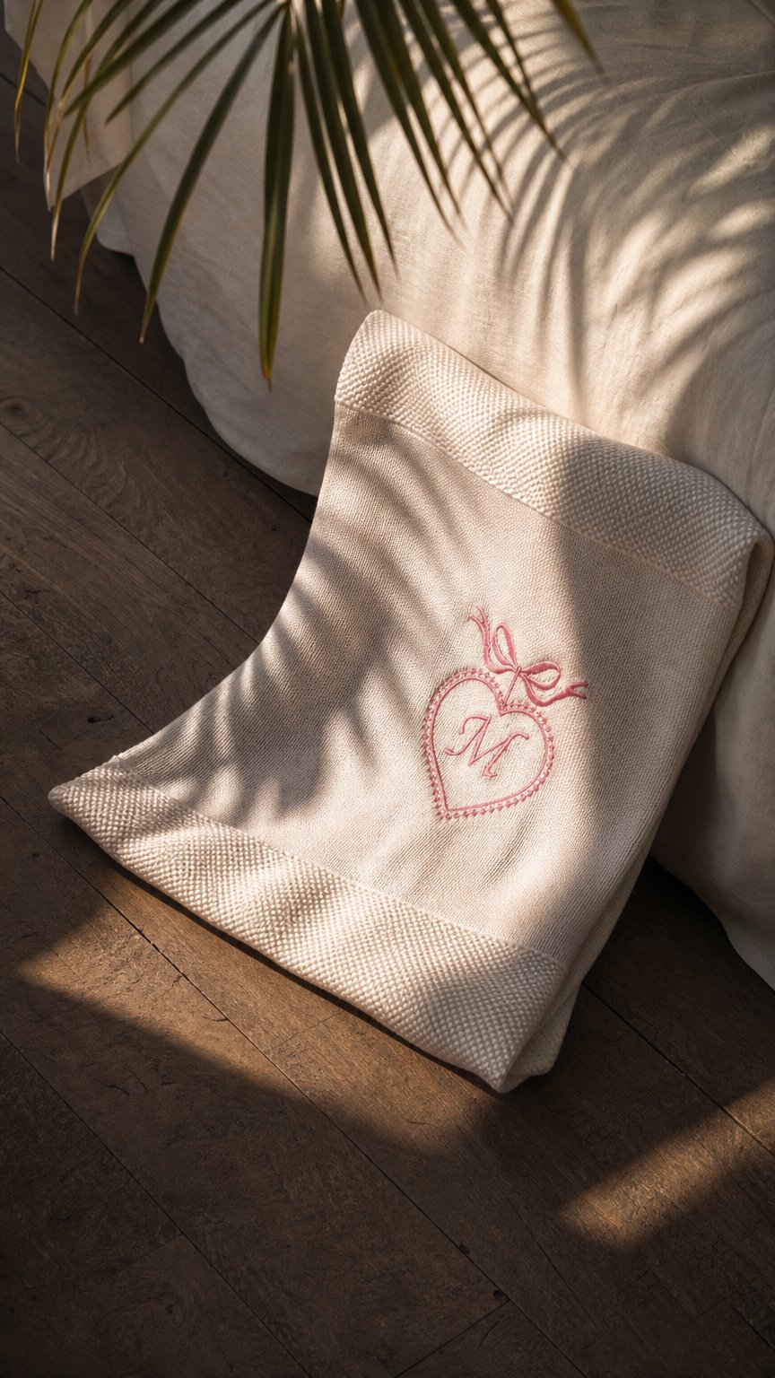 AI product shot of Heart Bow Frame with Initials Baby Blanket