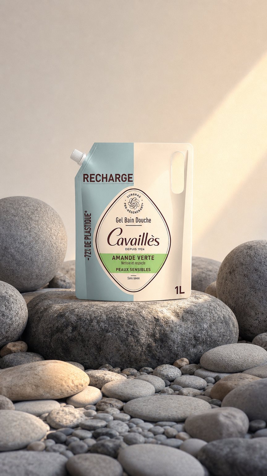 AI product shot of CAVAILLES GEL BAIN DOUCHE AMANDE VERTE PEAUX SENSIBLES RECHARGE 1L
