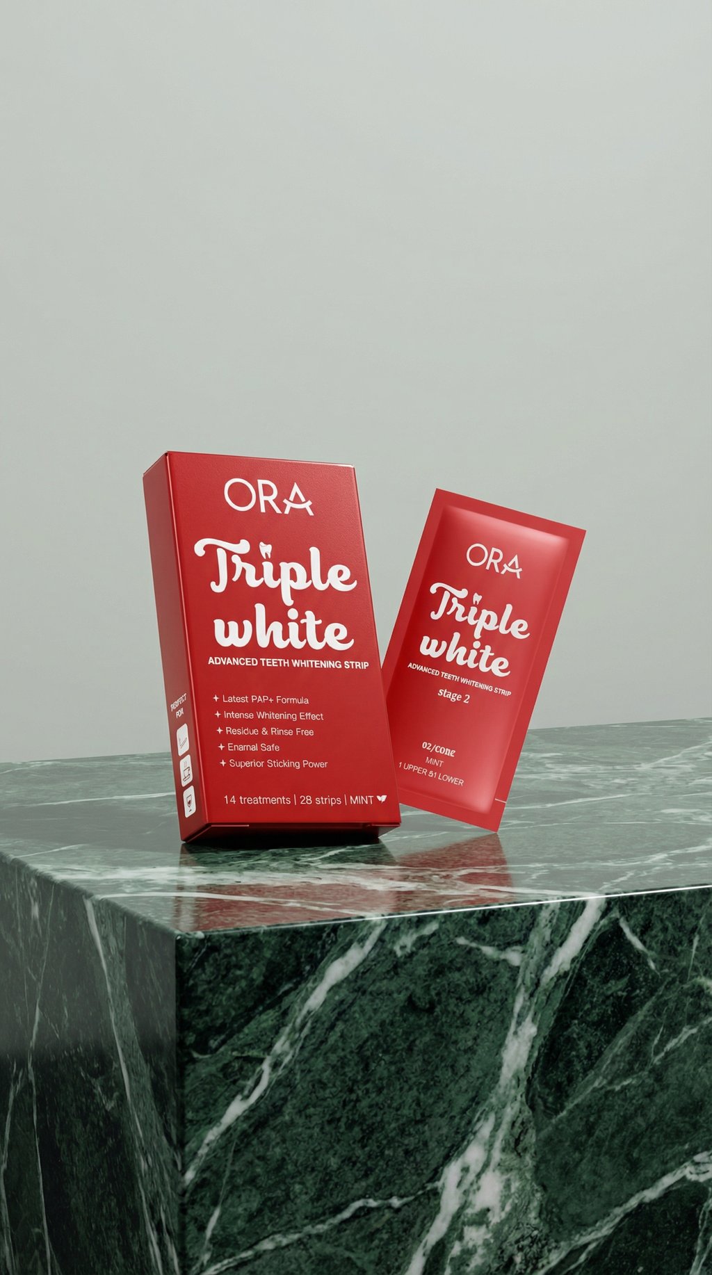 AI product shot of ORA Triple White | Teeth Whitening Strips – Enamel Safe, PAP+ Formula, 14 Treatments