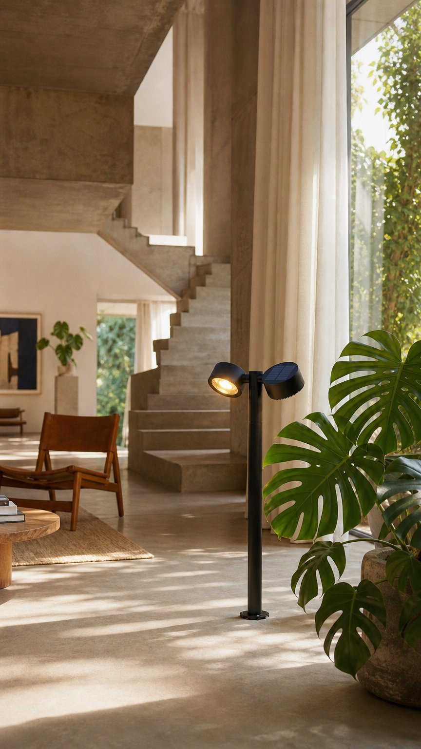 AI product shot of Luci solari da giardino a due teste orientabili, luce bianco caldo