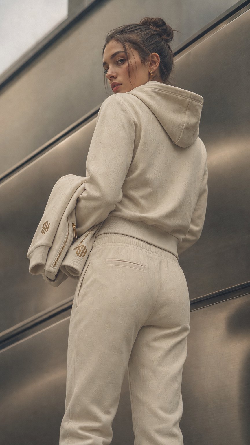 AI product shot of SH Tracksuit Set · Ivory & Gold (3-piece)
