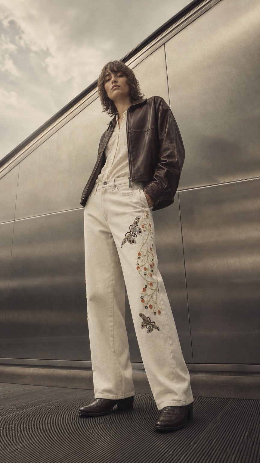AI product shot of embroidered barrel jeans