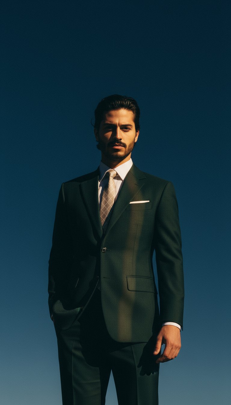 AI product shot of Astor Sacramento Green Sharkskin Suit