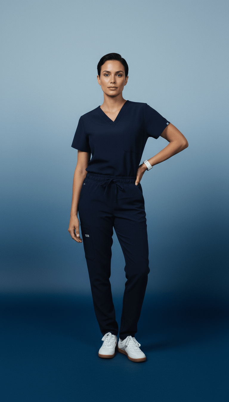 AI product shot of IRONIK Navy Blue Scrub Set - Top & Cargo Pants
