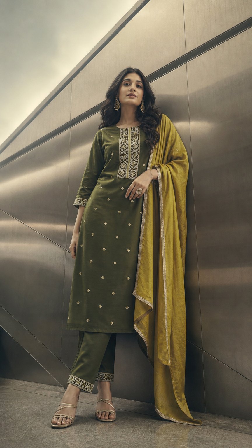 AI product shot of Roman Silk kurti With Fancy Embroidery Work kurti Set