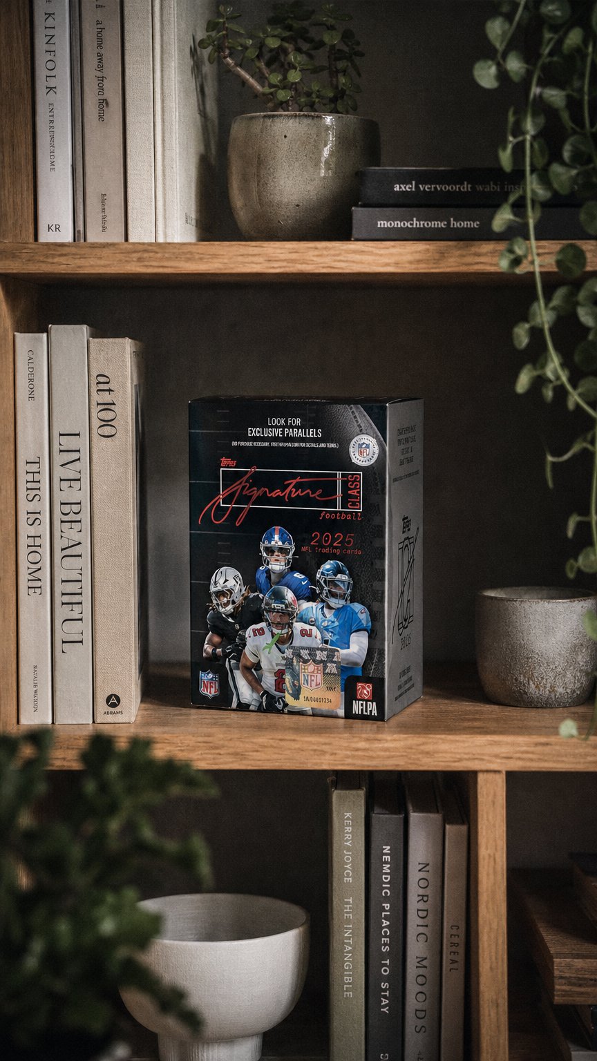 AI product shot of 2025 Topps Signature Class Football Blaster Box