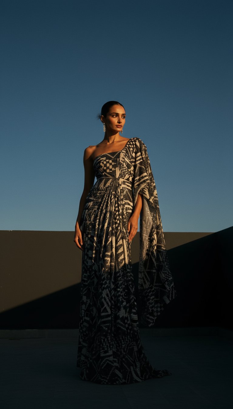AI product shot of MONOCHROME SEQUIN SARI DRAPE GOWN