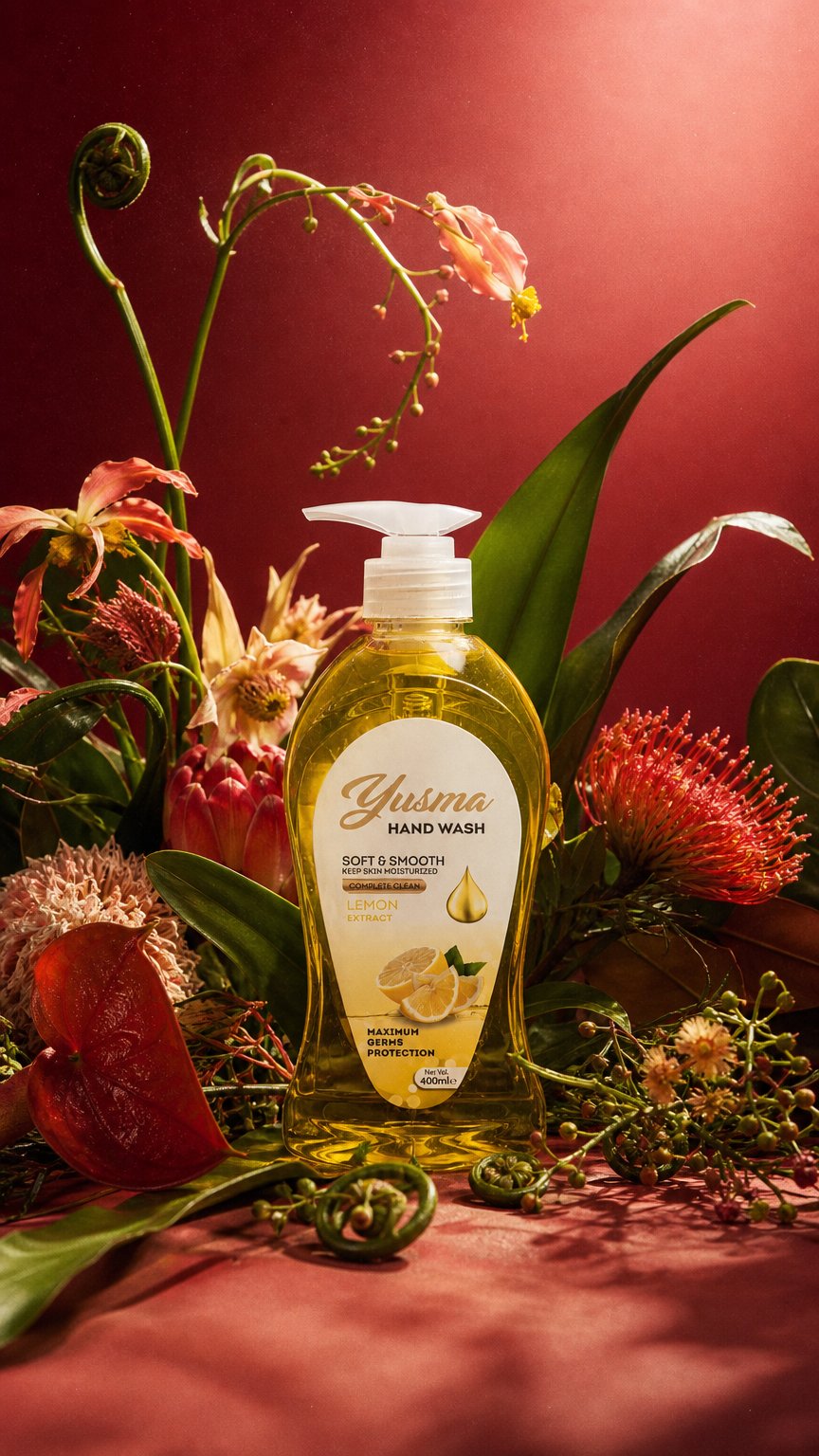 AI product shot of Yusma Hand Wash Lemon Extract 400ml