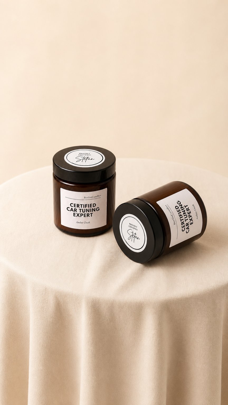 AI product shot of PERSONALISED Scented Candle "Certified Car Tuning Expert", Petrolhead Present for Car Enthusiast, Custom Car Lover Birthday Gift for Friend