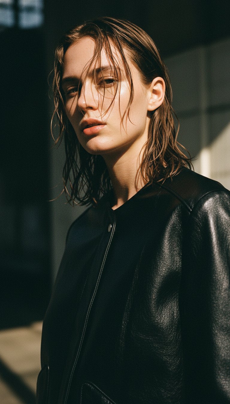 AI product shot of Black leather jacket