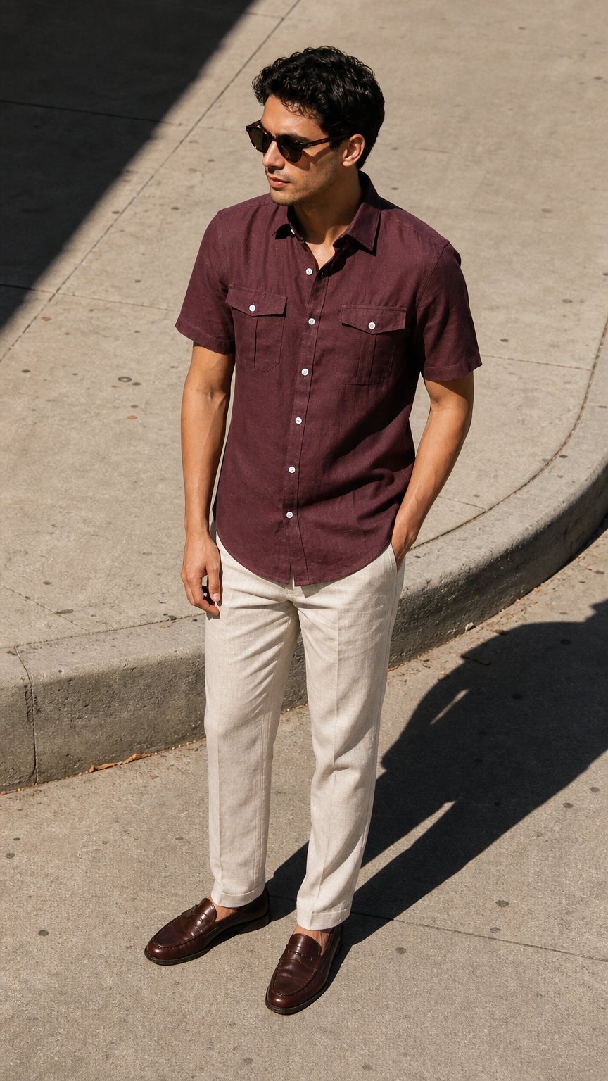 AI product shot of Maroon Double Pocket Short Sleeve Linen Shirt