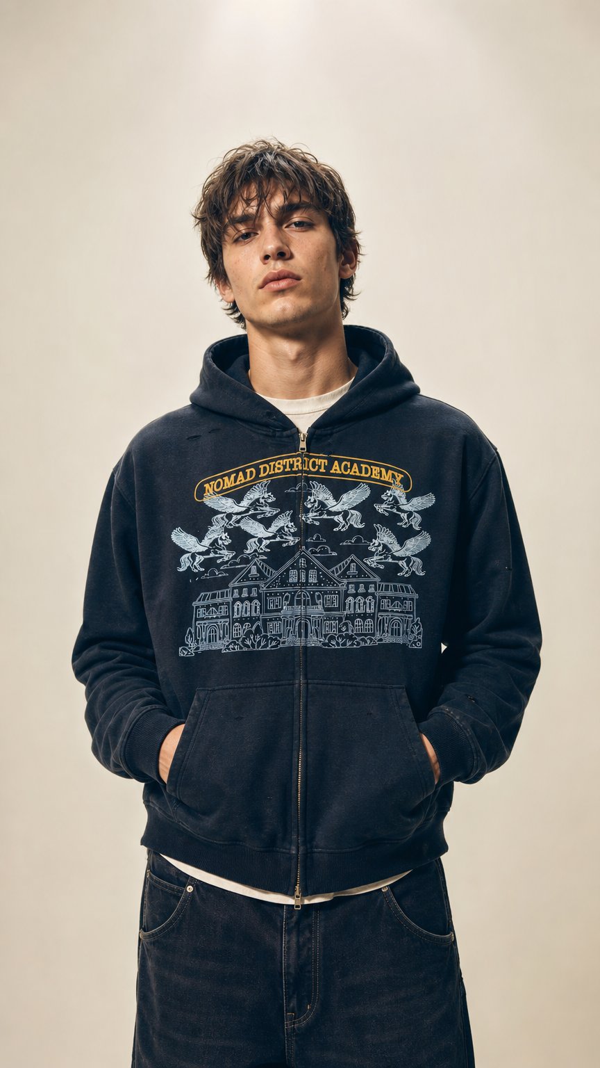 AI product shot of Nomad District Academy Zip Up Hoodie Black