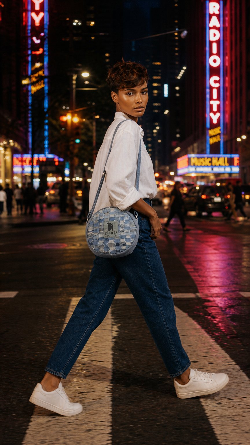 AI product shot of PLAN D COUTURE Round shoulder bag in denim