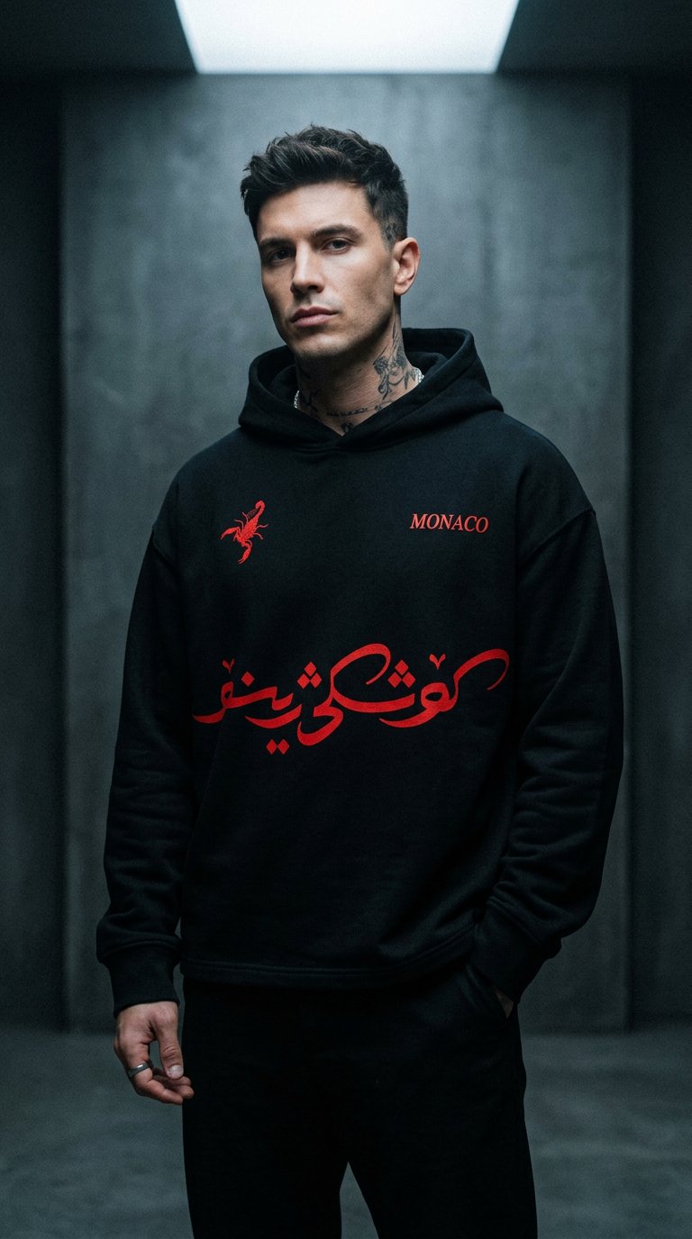 AI product shot of Arabic Writing Graphic Hoodie